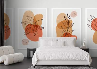 Set of abstract foliage wall art vector. Leaves, organic shapes, earth tone colors, leaf branch in line art style. Autumn season wall decoration collection design for interior, poster, cover, banner. Wall mural