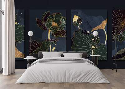 Set of abstract golden wall art template. Elegant line art, lotus flowers, leaves, foliage on dark background. Collection of luxury wall decoration perfect for decorative, interior, prints, banner. Wall mural