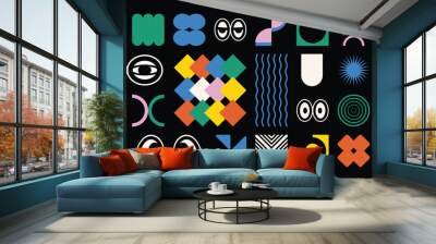 Set of abstract retro geometric shape vector. Collection of contemporary figure, eye, sparkle, wavy in 70s groovy style. Bauhaus Memphis design element perfect for banner, print, sticker, decor. Wall mural