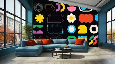 Set of abstract retro geometric shapes vector. Collection of contemporary figure, flower, speech bubble in 70s groovy style. Bauhaus Memphis design element perfect for banner, print, sticker, decor. Wall mural