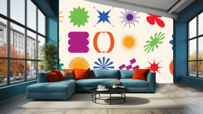 Set of abstract retro geometric shapes vector. Collection of contemporary figure, sparkle, flower in 70s groovy style. Bauhaus Memphis design element perfect for banner, prints, stickers, decor. Wall mural