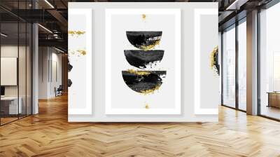 Set of abstract wall art template. Elegant design with hexagon shapes, half circle and circle in black hand painted. Golden texture design for wall decoration, interior, prints, cover, and postcard. Wall mural