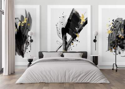 Set of abstract wall art template. Luxury design on white background with black paint, line art, and gold drops in hand painted. Design for wall decoration, interior, prints, cover, and postcard. Wall mural