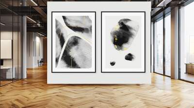 Set of abstract wall art template. Luxury design on white background with black paint, line art, and gold drops in hand painted. Design for wall decoration, interior, prints, cover, and postcard. Wall mural