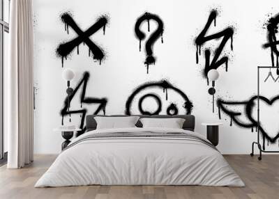 set of black graffiti spray pattern. collection of symbols, heart, crown, thunder, devil, skull, arr Wall mural