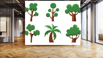 Set of cartoon trees vector. Simple modern style flat forest, jungle, coconut trees, deciduous meadow cute green plants. Design illustration for agricultural garden, nature park, comic landscape.  Wall mural