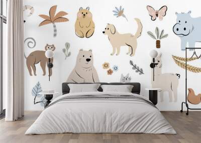 Set of cute animal vector. Friendly wild life with hippo, bear, rabbit, bird, squirrel, cat in doodle pattern. Adorable funny animal and many characters hand drawn collection on white background. Wall mural