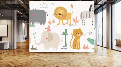 Set of cute animal vector. Friendly wild life with hippo, leopard, crocodile, elephant, lion in doodle pattern. Adorable funny animal and many characters hand drawn collection on white background. Wall mural