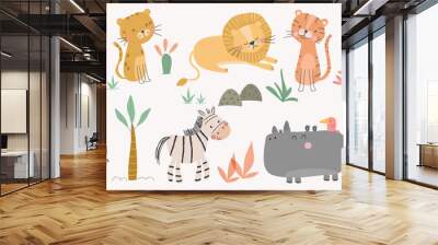 Set of cute animal vector. Friendly wild life with tiger, hippo, zebra, elephant, crocodile in doodle pattern. Adorable funny animal and many characters hand drawn collection on white background. Wall mural