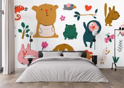 set of cute animal vector. friendly wildlife with bear, rabbit, sloth, pig, cat, dog, koala in doodl Wall mural