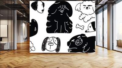 Set of cute dogs clipart vector. Lovely dog and friendly puppy doodle pattern in different poses and breeds with black color. Adorable funny pet and many characters hand drawn collection. Wall mural