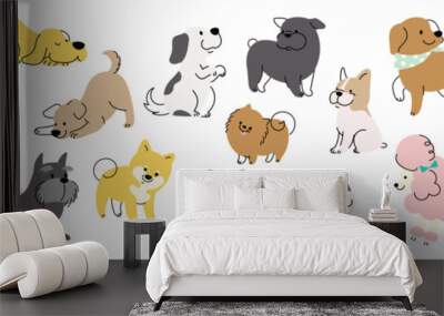 Set of cute dogs clipart vector. Lovely dog and friendly puppy doodle pattern in different poses and breeds with flat color. Adorable funny pet and many characters hand drawn collection. Wall mural