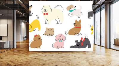 Set of cute dogs clipart vector. Lovely dog and friendly puppy doodle pattern in different poses and breeds with flat color. Adorable funny pet and many characters hand drawn collection. Wall mural