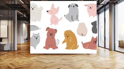 Set of cute dogs vector. Lovely dog and friendly puppy doodle pattern in different poses and breeds with flat color. Adorable funny pet and many characters hand drawn collection on white background. Wall mural