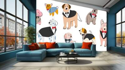 Set of cute dogs vector. Lovely dog and puppy doodle pattern in different poses, formal, tuxedo suits and breeds with flat color. Adorable pet characters hand drawn collection on white background. Wall mural