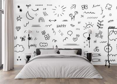 Set of cute pen line doodle element vector. Hand drawn doodle style collection of speech bubble, arrow, rocket, butterfly, crown, heart. Design for decoration, sticker, idol poster, social media. Wall mural