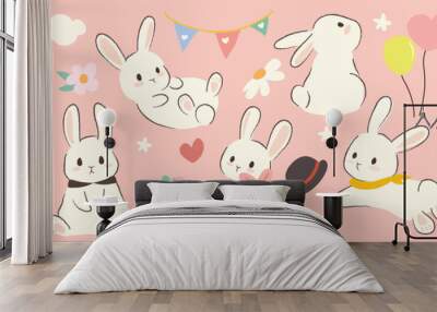 Set of cute white rabbit element vector. Adorable bunny with different poses, carrot, balloon, ribbon, flowers. Collection of animal and many characters hand drawn design for decorative, card, kids. Wall mural