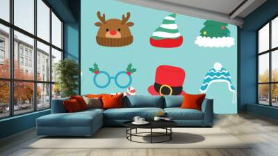 Set of cute winter and autumn headwear vector illustration. Collection of reindeer, santa, bear, elf, knitting hats, top hat for cold weather, christmas fancy glasses. Design for card, comic, print. Wall mural