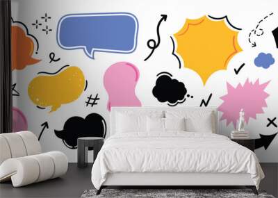 Set of doodle and speech bubble vector. Collection of contemporary figure, speech bubble, arrow in funky groovy style. Chat design element perfect for banner, print, sticker, cartoon. Wall mural