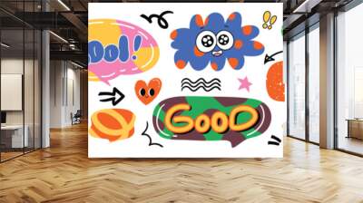 Set of doodle and speech bubble vector. Collection of contemporary figure, speech bubble with text, arrow in funky groovy style. Chat design element perfect for banner, print, sticker. Wall mural