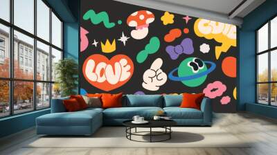 Set of funky groovy element vector. Collection of cartoon characters, cute doodle drawn.sparkle.  Retro hippie design for decorative, sticker, toys and kids.
 Wall mural