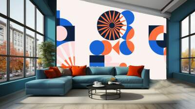 Set of geometric pattern element in mid-century style. Collection of abstract circle, square and flower shape with blue and orange color. Modern design on white background for decor, cover, print. Wall mural