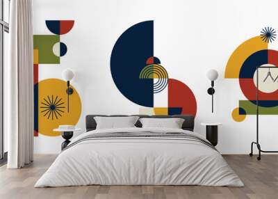 Set of geometric pattern element in mid-century style. Retro abstract collection of colorful circle, square, rectangle shape and lines. Modern trendy design for cover, business card, poster, wall art. Wall mural