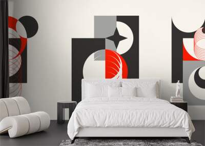 Set of geometric pattern element in minimal style. Collection of abstract circle, square, star shape and line with grey and red color. Modern design on white background for decor, cover, print. Wall mural