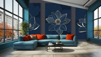 Set of golden lotus wall art vector. Elegant line art, lotus flowers, leaves, foliage on dark background. Collection of luxury wall decoration perfect for decorative, interior, prints, banner. Wall mural