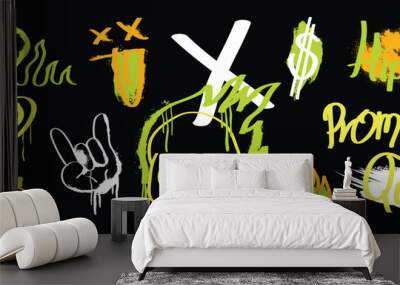 Set of graffiti spray paint vector. Brush paint ink drip collection of text word, fire, hand, face, skull. Neon spray design illustration for decoration, card, sticker, street art. Wall mural