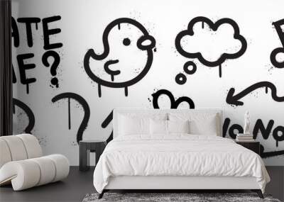 Set of graffiti spray pattern vector illustration. Collection of spray texture bird, speech bubble, text, flower, arrow, melody note. Elements on white background for banner, decoration, street art. Wall mural