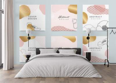 Social media stories and post vector background template with copy space for text and images design by abstract pink and Gold shapes, line arts ,flower, Japanese Cover, Square cover design background  Wall mural