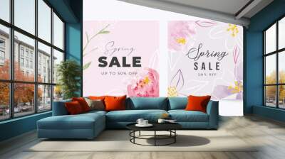 Spring season floral square cover template. Set of banner design with flowers, leaves and branch in line art pattern. Watercolor blossom for social media post, internet, ads, business. Wall mural