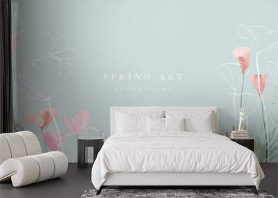 spring season on green watercolor background. hand drawn floral and insect wallpaper with pink wild  Wall mural