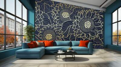 Sunflower line arts luxury wallpaper design for fabric, prints and background texture, Vector illustration. Wall mural