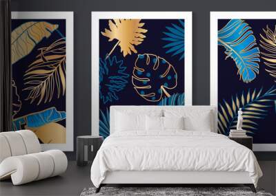 Tropical Blue leaves wall art. Luxury gold leaf line art dark background. Vector leaf banner set.  Botany design for cosmetics, spa fashion, prints and home decor. Wall mural