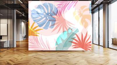 Tropical foliage art background vector.Digital print design with palm, floral and leaves with watercolor brush texture. Canvas art for wallpaper, wall arts, prints, fabric, pattern and packaging.
 Wall mural