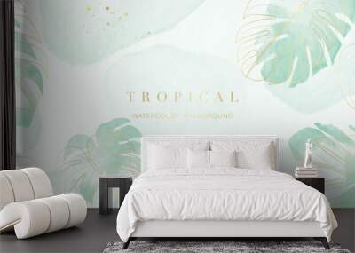 Tropical foliage watercolor background vector. Summer botanical design with gold line art, monstera leaf, green watercolor texture. Luxury tropical illustration for banner, poster, web and wallpaper. Wall mural