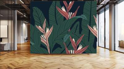 Tropical forest art deco wallpaper. Floral pattern with exotic flowers and leaves, split-leaf Philodendron plant ,monstera plant, Jungle plants line art on trendy background. Vector illustration.. Wall mural