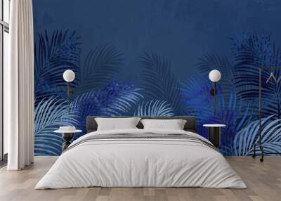 Tropical jungle on dark blue background. Botanical exotic forest with palm, coconut leaves and branches in blue tone and summer style. Watercolor texture design for banner, wall art and poster. Wall mural