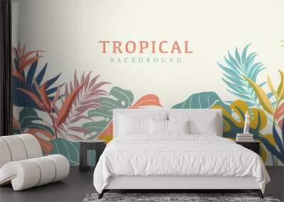 Tropical leaves background vector. Summer Sale banner design with flower and leaf. Hand drawn colorful palm leaf, monstera leaves, floral line art design for wallpaper, cover, cards and packaging. Wall mural