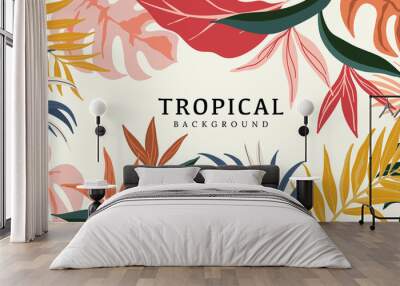 Tropical leaves background vector. Summer Sale banner design with flower and leaf. Hand drawn colorful palm leaf, monstera leaves, floral line art design for wallpaper, cover, cards and packaging. Wall mural