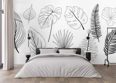 Tropical leaves hand drawn line art and silhouette vector set. Collection of leaf branch, monstera, palm leaves black white drawing contour simple style. Design illustration for print, logo, branding. Wall mural