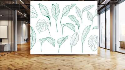 Tropical leaves vector collection. Set of silhouettes monochrome jungle exotic leaf, Philodendron, Palm leaves, Areca palm, Royal fern, Banana leaf isolated on white background. Vecor illustration Wall mural