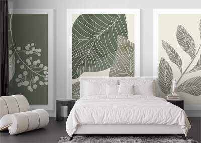 Vintage style foliage wall art template. Collection of hand drawn leaves with green watercolor texture, leaf branch, line art. Botanical poster set for wall decoration, interior, wallpaper, banner. Wall mural