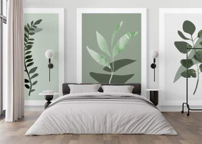 Vintage style foliage wall art template. Collection of hand drawn leaves with green watercolor texture, leaf branch, line art. Botanical poster set for wall decoration, interior, wallpaper, banner. Wall mural