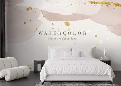 Watercolor art background vector. Wallpaper design with paint brush and gold line art. Earth tone beige watercolor Illustration for prints, wall art, cover and invitation cards. Wall mural