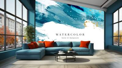 Watercolor art background vector. Wallpaper design with paint brush and gold line art. Earth tone blue, pink, ivory, beige watercolor Illustration for prints, wall art, cover and invitation cards. Wall mural