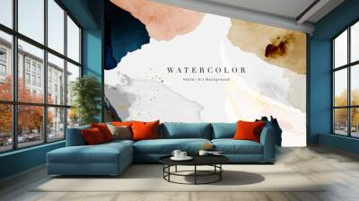 Watercolor art background vector. Wallpaper design with paint brush and gold line art. Earth tone blue, pink, ivory, beige watercolor Illustration for prints, wall art, cover and invitation cards. Wall mural