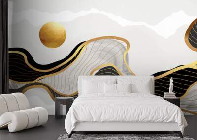 Wave and sun abstract art background vector. Black and gold luxury wallpaper design for wall art and home decor, prints, cover and banner template. Wall mural